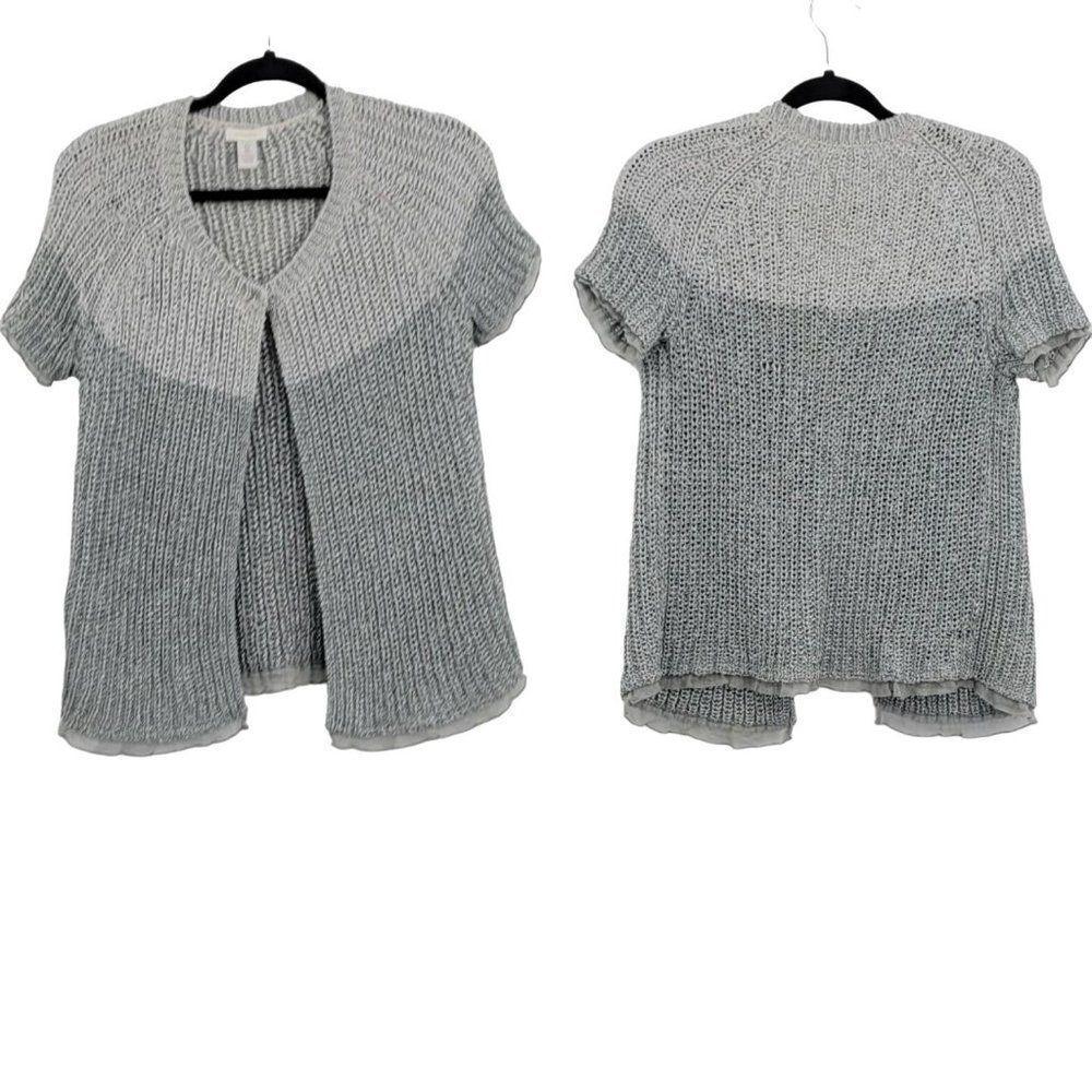 Chico's Cardigan‎ Formal Silver Open Knit Short Sleeve Sheer Lettuce Ruffle 0